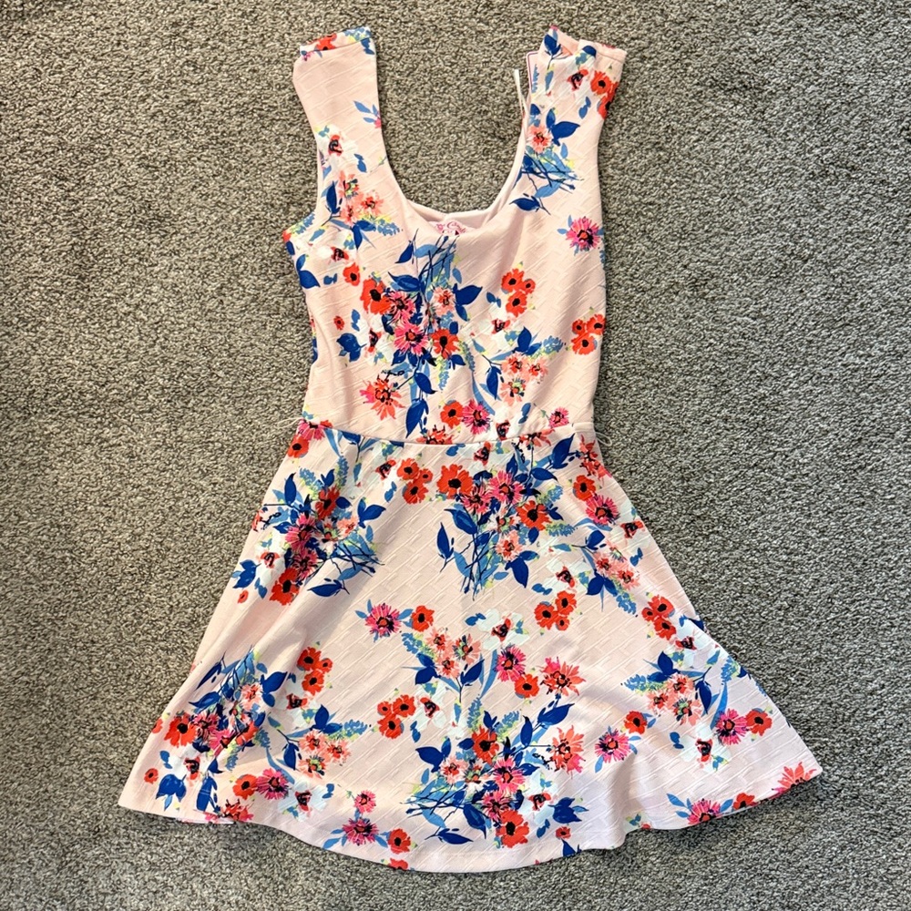 Candie's Pink Floral Midi Dress with Blue & Red Accents